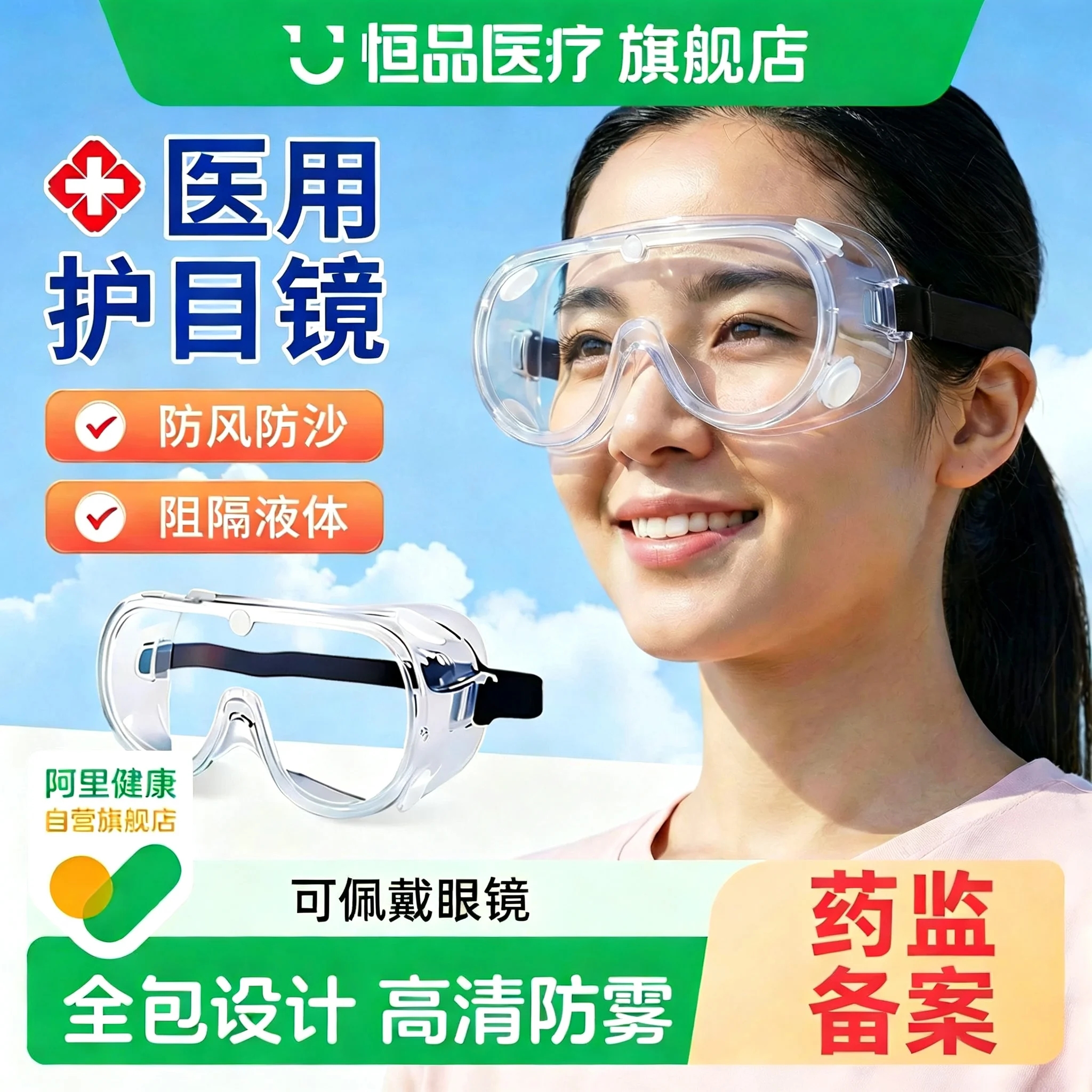 医用级护目镜防灰尘不起雾防风漂流骑行运动隔离眼罩高清可戴眼镜