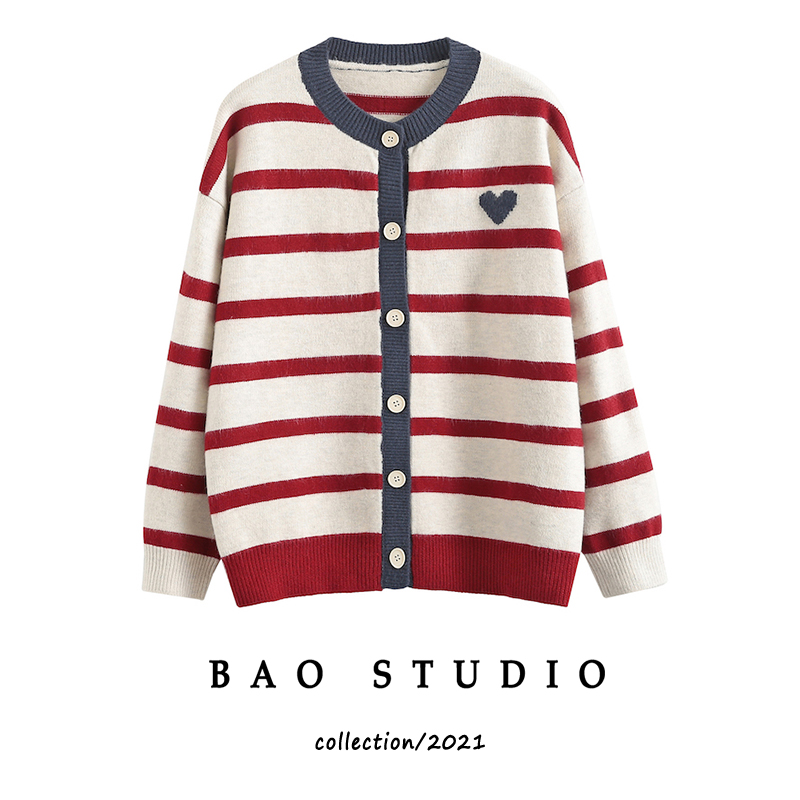 baostudio条纹小爱心女针织开衫