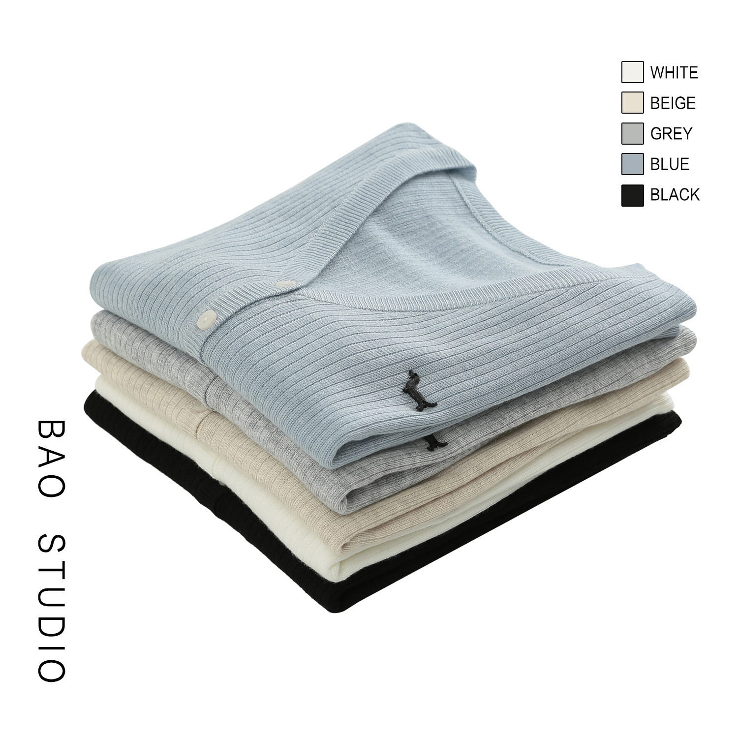 BAOSTUDIO韩系立体小狗标坑条显瘦针织开衫早秋V领短款薄开衫外套