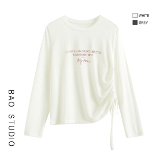 BAO STUDIO 韩系极简ins侧系带莱赛尔长袖T恤秋薄款圆领显瘦上衣
