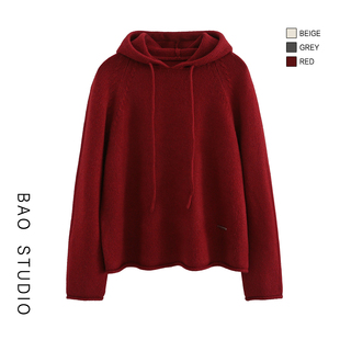 宽松慵懒外搭上衣女 羊毛混纺连帽毛衣冬季 BAO STUDIO韩系高品推荐