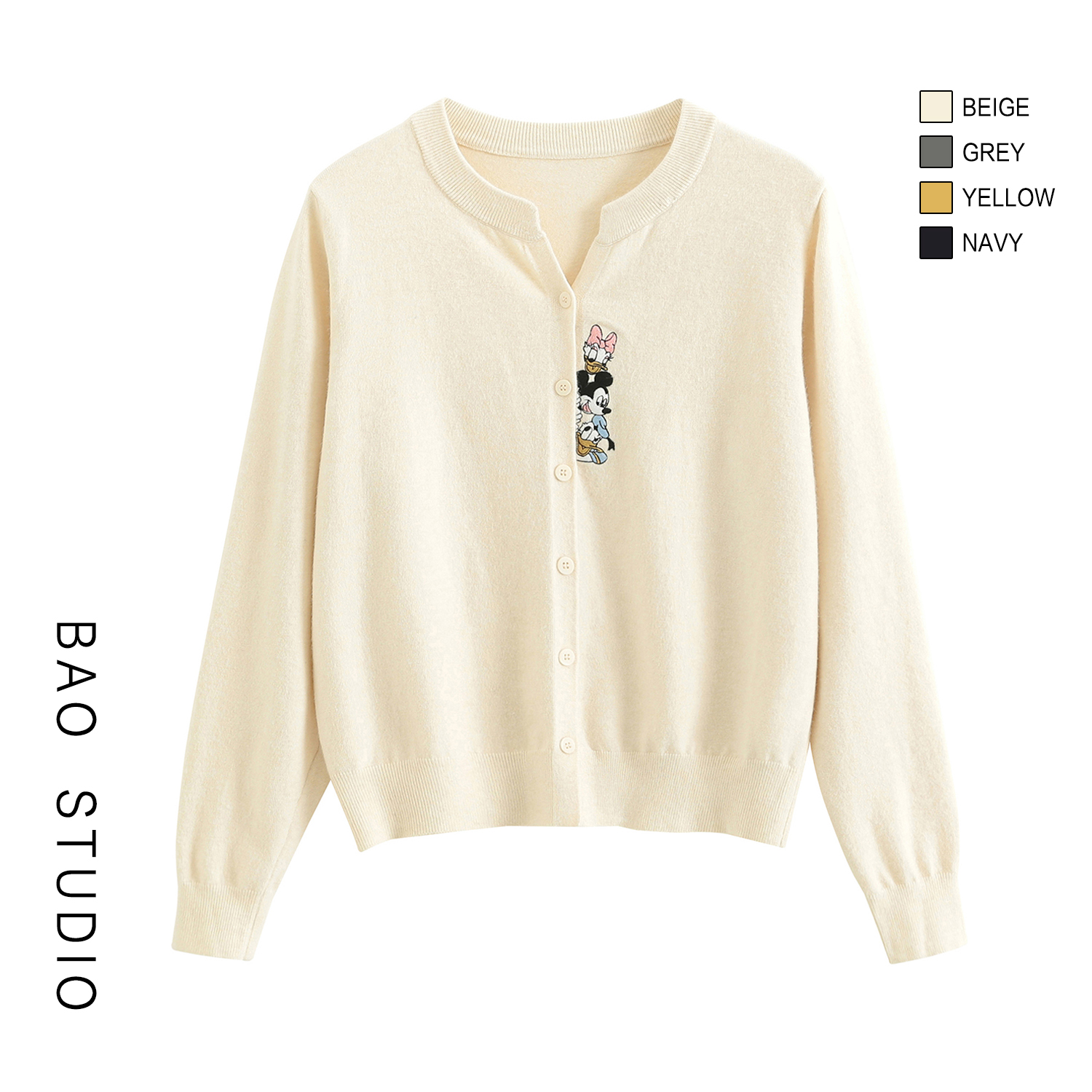 BAO STUDIO韩系温柔门襟刺绣卡通针织开衫女秋季圆领软糯开衫毛衣