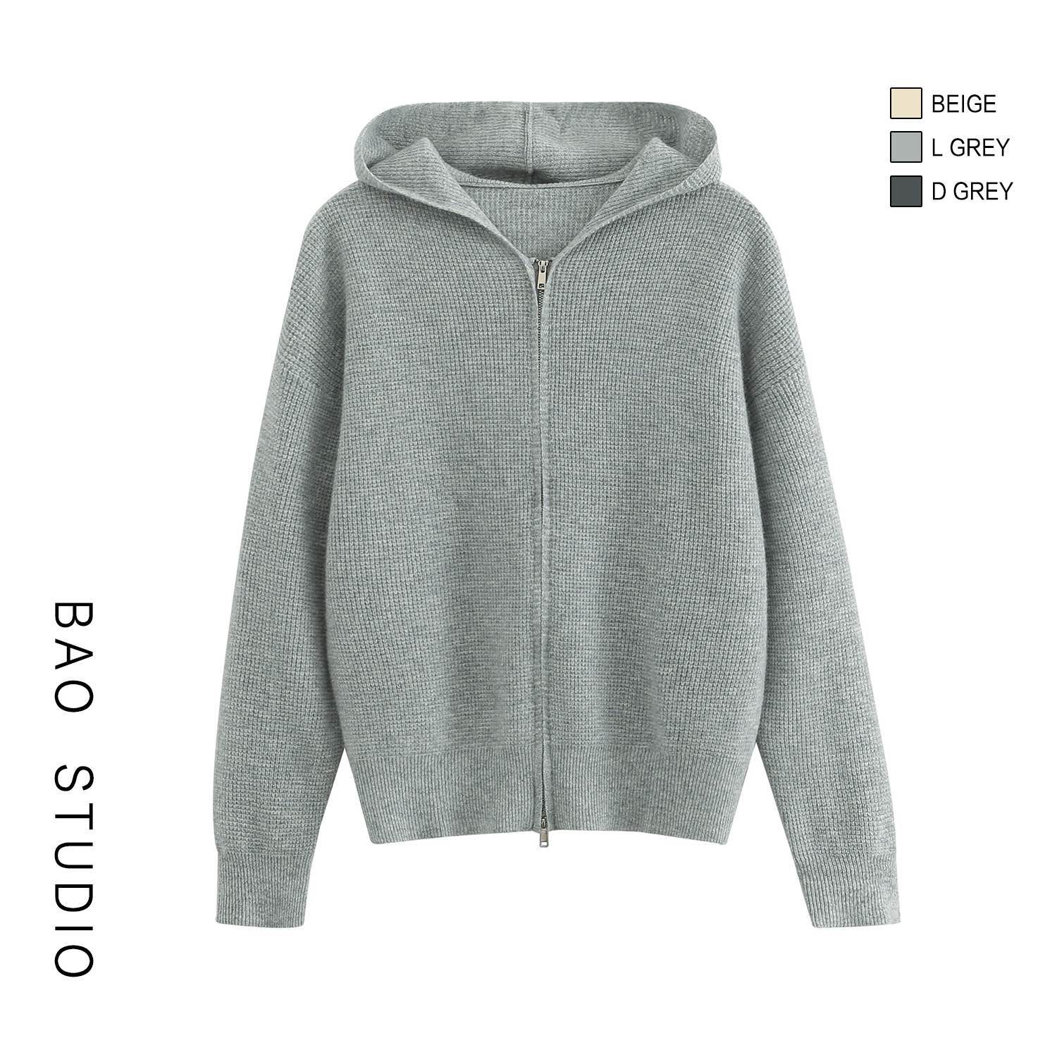 BAO STUDIO韩系100%全羊毛洋气华夫格连帽开衫女冬双拉链羊毛开衫