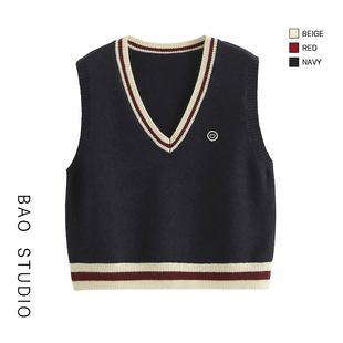 马甲女春季 针织衫 叠穿宽松背心女 STUDIO学院风V领撞色边无袖 BAO