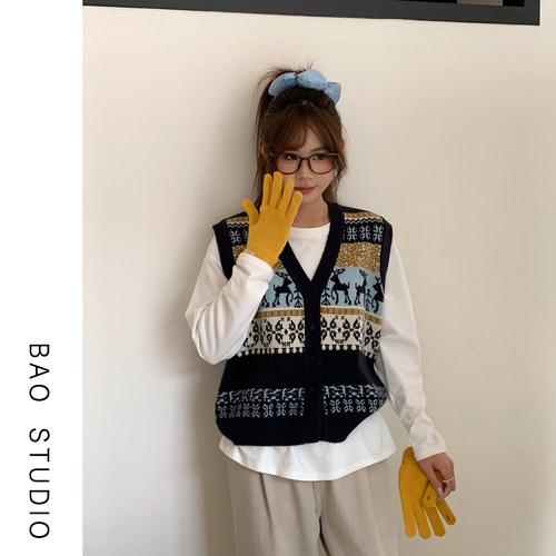 BAO STUDIO 韩系费尔岛麋鹿提花针织马甲女冬季V领无袖背心坎肩女