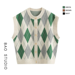 STUDIO韩版 新款 菱格无袖 马甲女2024春季 外穿坎肩针织背心 开衫 BAO