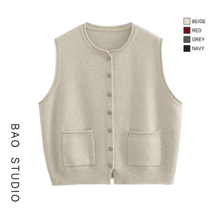 BAO STUDIO韩系温柔系卷边金属扣气质百搭针织马甲女秋冬叠穿马甲