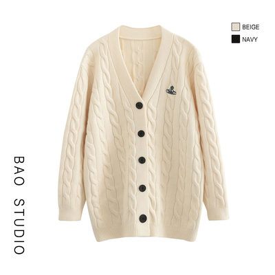 BAOSTUDIO韩系氛围感冬季绞花中长V领加厚开衫宽松慵懒毛衣外套女