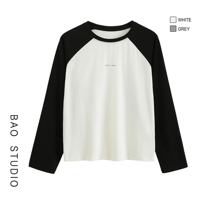 BAO STUDIO休闲风撞色插肩袖打底衫早秋小字母印花减龄学生T恤女