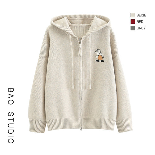 拉链连帽开衫刺绣兔子毛衣
