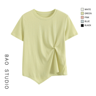 BAO STUDIO 韩系别致侧扭结短袖T恤夏季圆领正肩休闲减龄上衣女