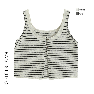 BAO STUDIO韩系2粒扣糯米羊绒条纹背心马甲秋季百搭短款吊带马甲