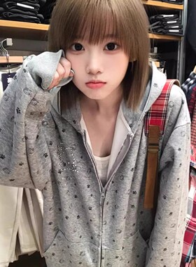 满印kitty猫灰色连帽卫衣女秋冬新款宽松显瘦学院风chic百搭外套