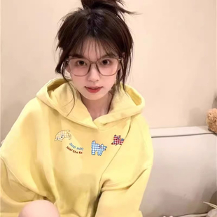 重磅纯棉秋冬加绒加厚卫衣女2025新款 高街 奶黄连帽小个子宽松美式