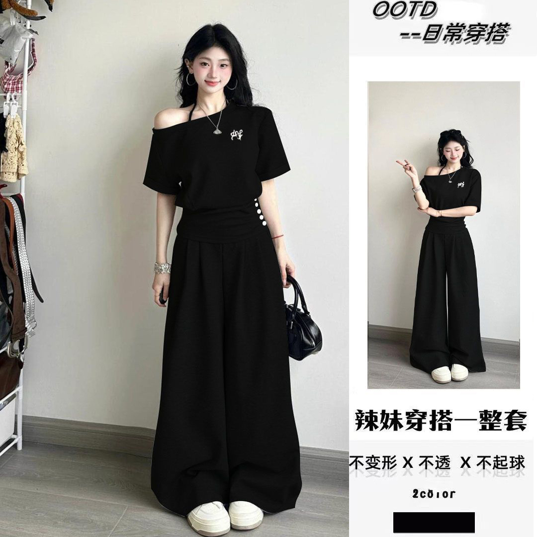 韩系2025夏季休闲运动套装女短款上衣高腰辣妹阔腿裤纯欲风两件套