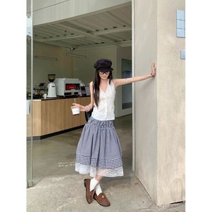高腰小众格子半身裙2025蕾丝花边夏季 显瘦蕾丝拼接甜美新款 中长裙