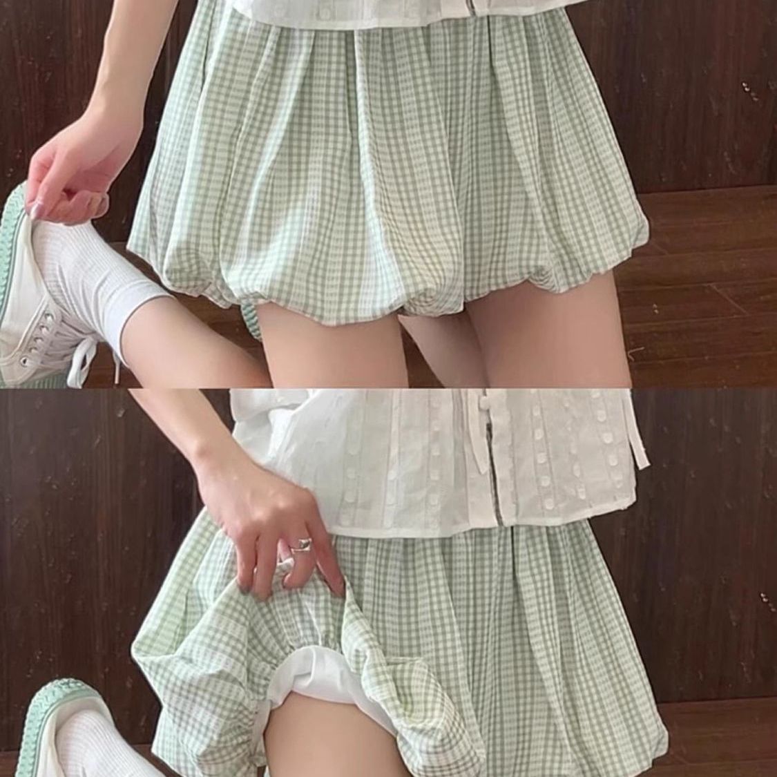 绿色格子百搭花苞小众独特短裤裙