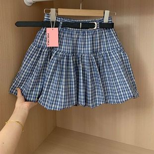 新款 韩系复古JK格纹休闲花苞短裙2025夏季 减龄a字蓬蓬褶皱半身裙