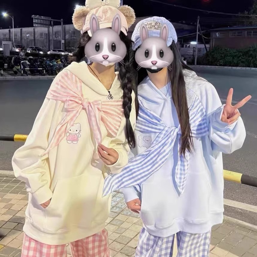 休闲甜美格子蝴蝶结闺蜜装上衣