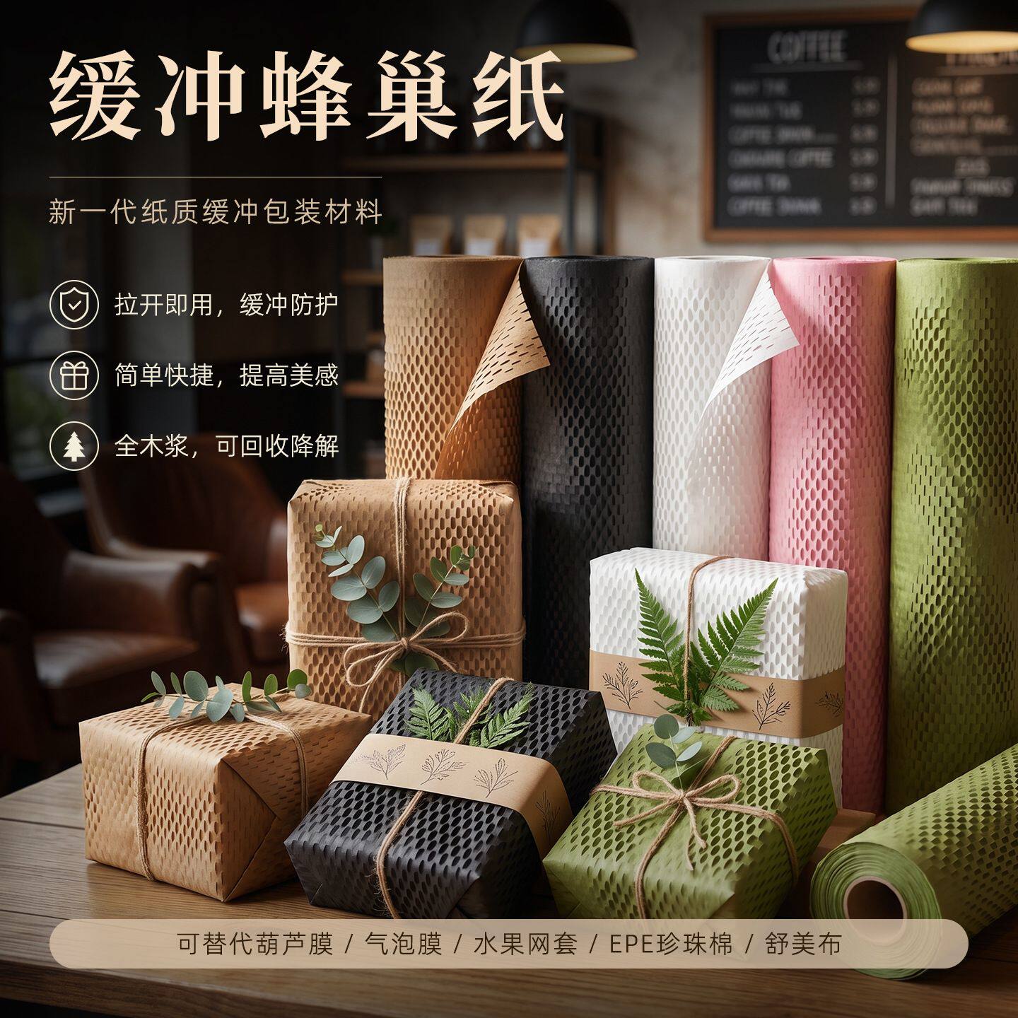 工厂直供跨境热销蜂窝纸卷可拉伸网格蜂巢纸鲜花陶瓷环保包装牛皮