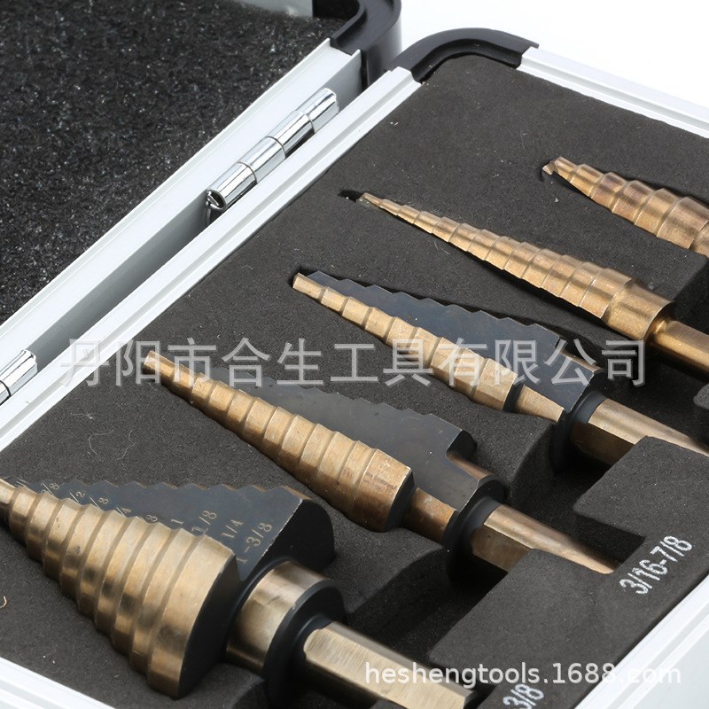 5pc铝盒英制烤黄发黑三角柄高速钢阶梯钻 宝塔钻开孔器套装