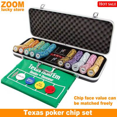Texas hold 'em poker set Aluminum box 500 chips dice Hol