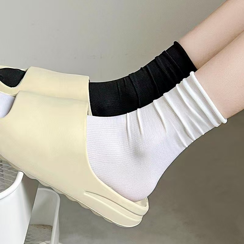 5双冰冰袜子女中筒袜夏季薄款ins潮黑白天鹅绒冰丝夏天学生堆堆袜