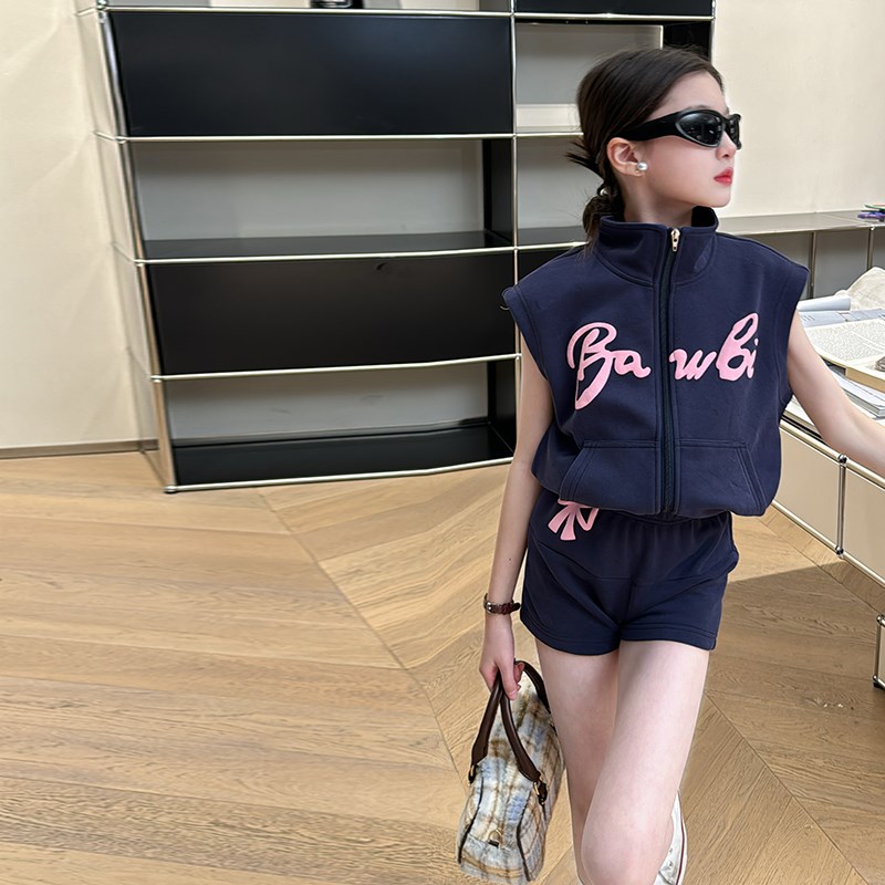 女童无袖卫衣短裤套装2024夏季新E款女孩韩版拉链休闲运动两件套