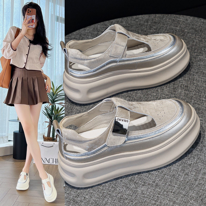 真皮镂空小白鞋女2025新款爆款夏季外穿厚底松糕包头透气洞洞凉鞋