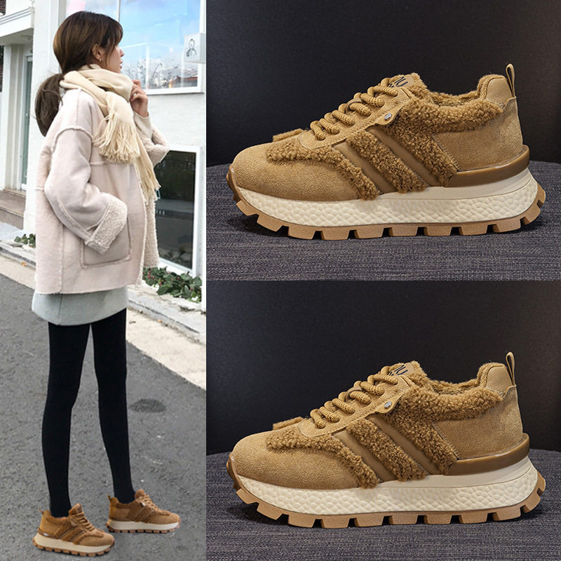 羊羔毛阿甘鞋女2024冬季新款加绒小码厚底德训运动老爹鞋女鞋