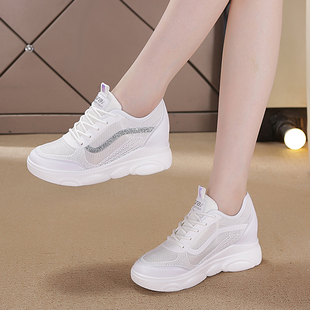 夏季网面运动鞋女2025新款网纱内增高小白鞋镂空透气白色休闲网鞋
