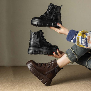 马丁增高靴女2024秋冬新款 加绒8cm小个子厚底短靴复古百搭高帮鞋