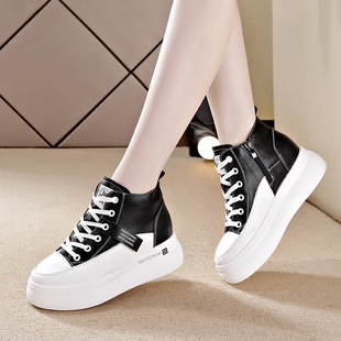 2025春秋新款高帮牛皮韩版百搭高腰小白鞋厚底松糕休闲内增高女鞋