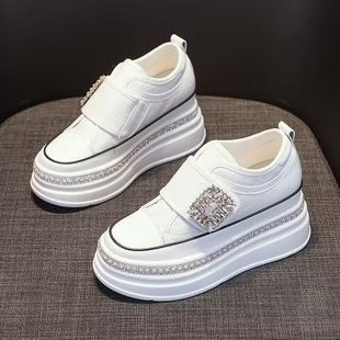 百搭小个子8cm真皮厚底板鞋 新款 女魔术贴2025春季 内增高小白鞋