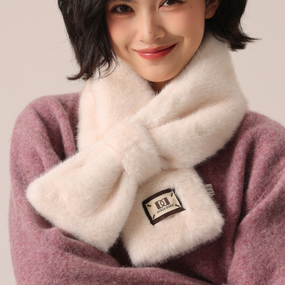 高级感仿水貂毛绒保暖厚围巾女冬季短款小型毛毛交叉护颈围脖百搭