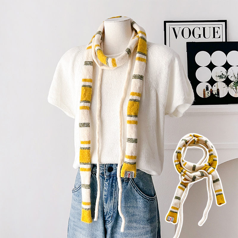 黄色日系撞色条纹小众叠戴细窄长围巾女秋冬季原宿风辣妹装饰围脖