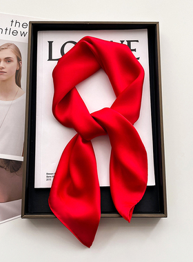 小方巾丝巾女春秋冬季色大红色中国红纱巾护颈围脖子薄围巾70x70