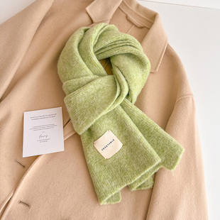毛线针织厚围巾女生秋冬季儿童护颈短小围脖毛绒软糯绿色日系可爱