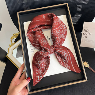 酒红色腰果花小方巾四方包头丝巾女春秋冬季护颈围脖子薄纱巾围巾