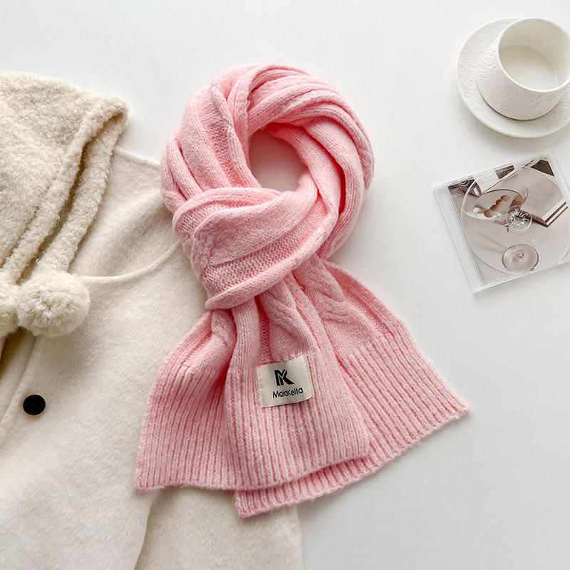 粉色麻花针织毛线厚围巾可爱甜美少女学生情侣秋冬季护颈短小围脖