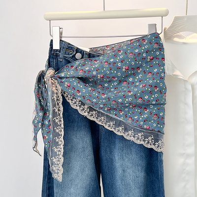 碎花蕾丝长条小丝巾女头巾系腰三角巾腰带牛仔裤腰间配饰屁帘旅游
