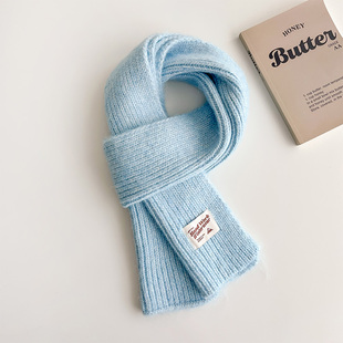 浅蓝色针织毛线厚围巾可爱甜美软妹少女生秋冬季儿童护颈短小围脖