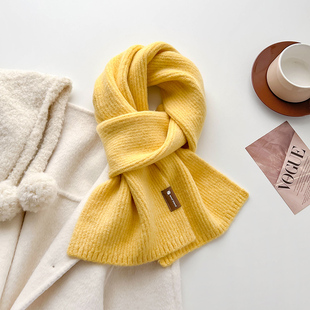纯黄色针织毛线厚围巾少女生秋冬季儿童护颈短小围脖软糯学生情侣