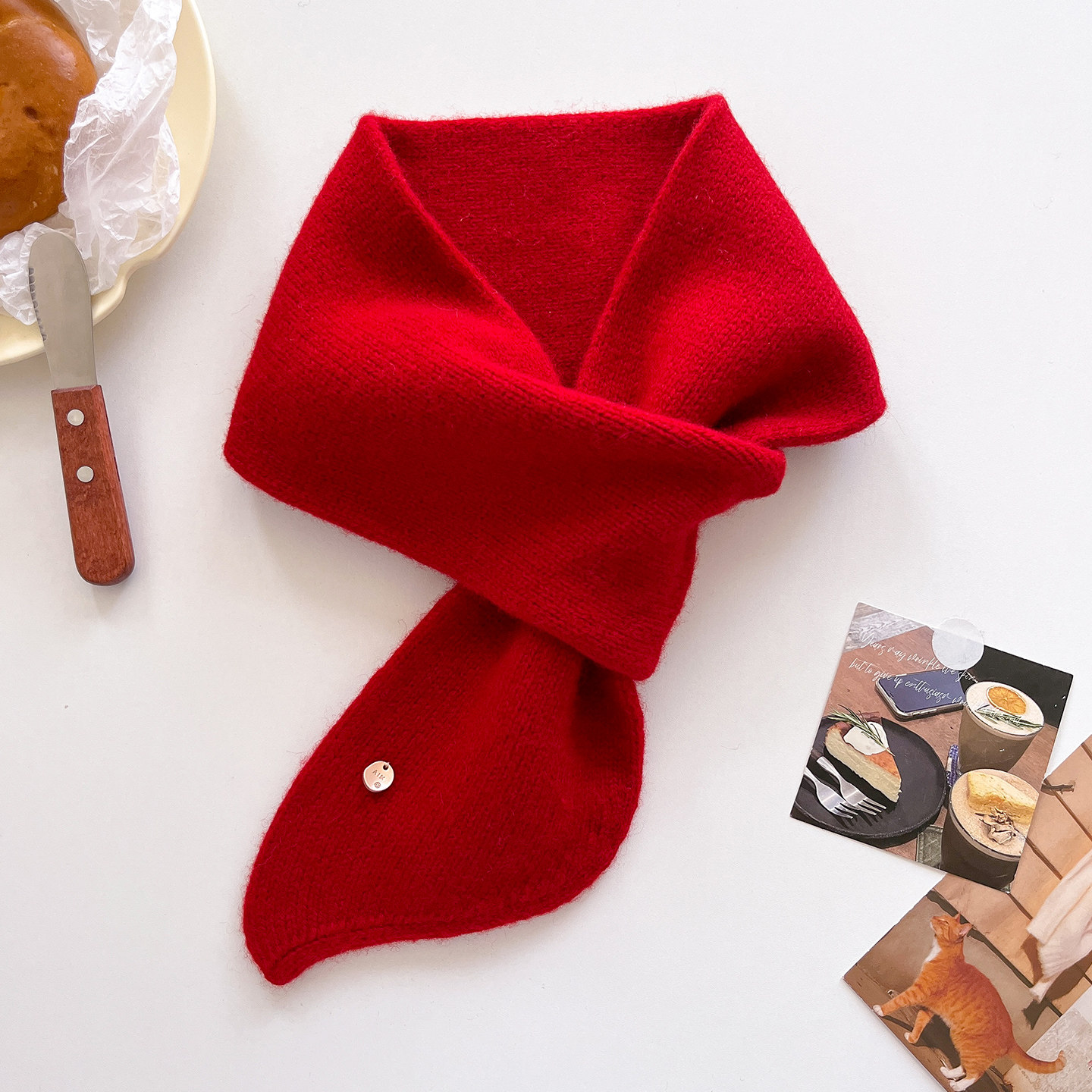 100%纯羊毛大红色中国红毛线针织厚围巾女生冬季交叉护颈短小围脖