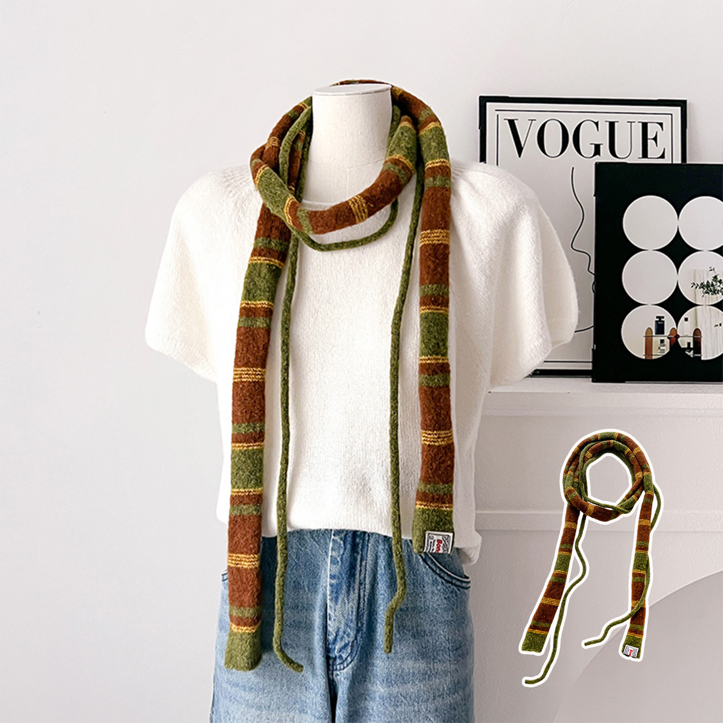 小众叠戴日系复古条纹细围巾原宿风拼色长条针织辣妹装饰围脖时髦