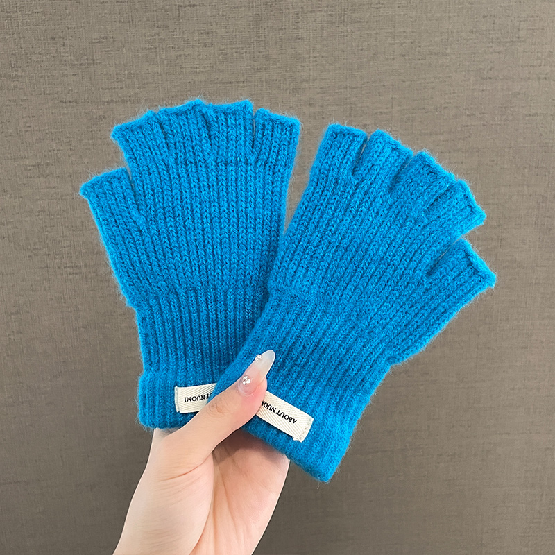 韩版纯色儿童毛线针织手套男女宝宝冬季半指五指学生写字防寒保暖