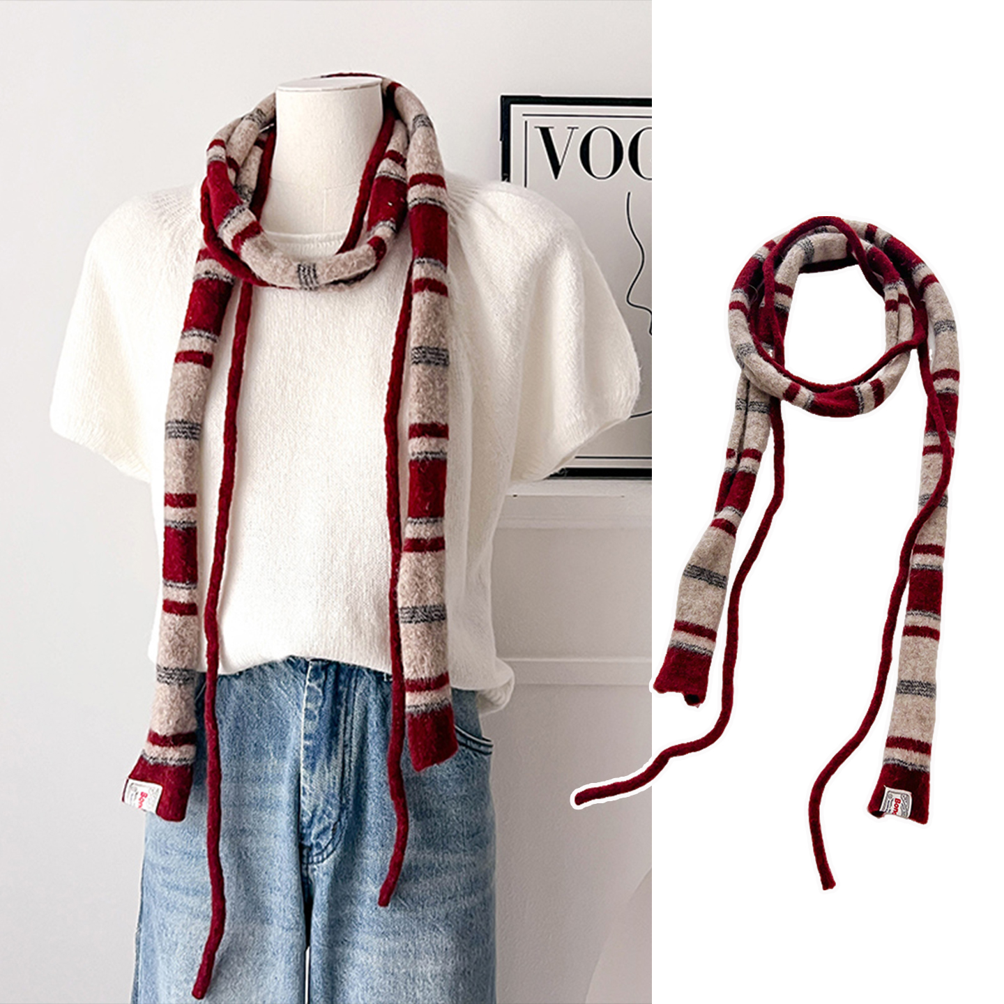 酒红色日系撞色条纹小众设计叠戴细窄长围巾女原宿风辣妹装饰围脖