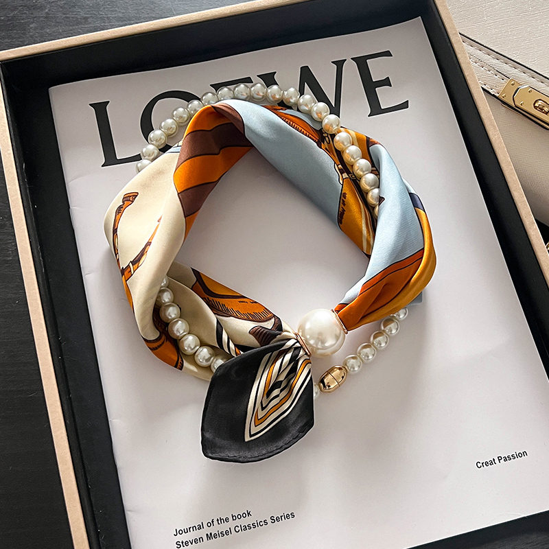 磁吸扣珍珠项链窄小长条丝巾女护颈系脖围脖子妈妈搭配衬衫薄围巾