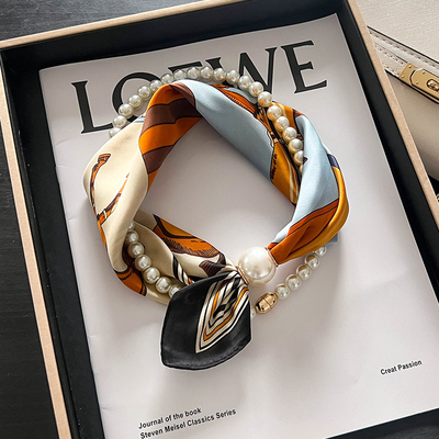 磁吸扣珍珠项链窄小长条丝巾女护颈系脖围脖子妈妈搭配衬衫薄围巾