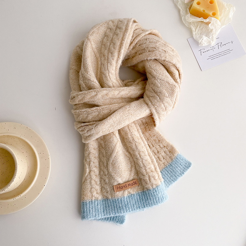 麻花针织拼色毛线保暖厚围巾女学生秋冬季防寒护颈小围脖毛绒软糯